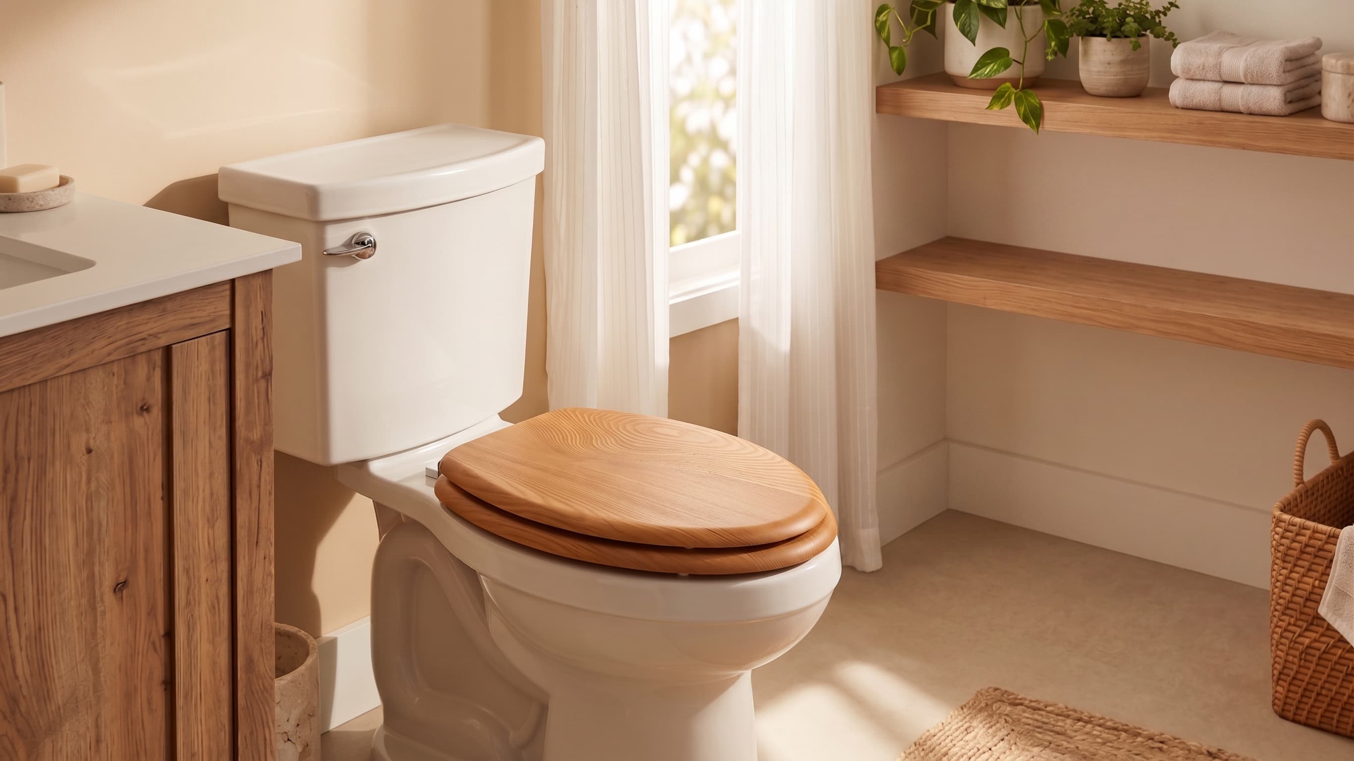Topseat oak wood toilet seat in a warm, naturally styled bathroom