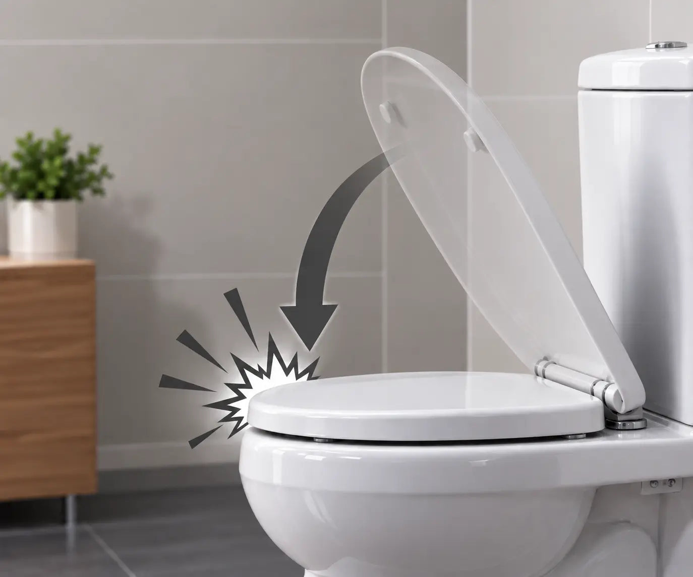Toilet seat slamming against the toilet bowl, illustrating the impact caused by a standard toilet seat hinge.