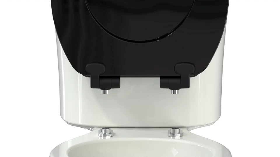 Topseat Magic Hinge seat lifting off two magnetic mounting posts, exposing the space around the hinges for cleaning.